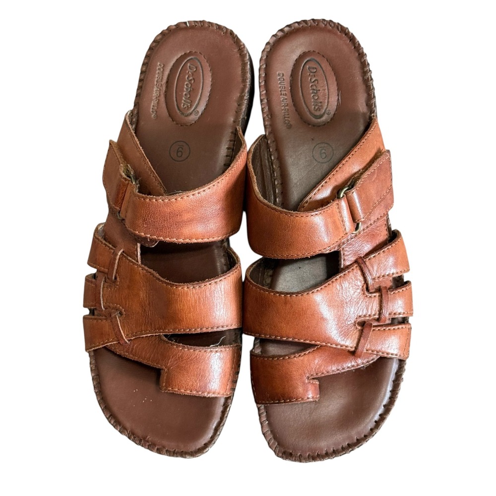 Dr Scholls Womens 9 Brown Leather Toe Loop Slide Sandals Double Air Pillo Wedge